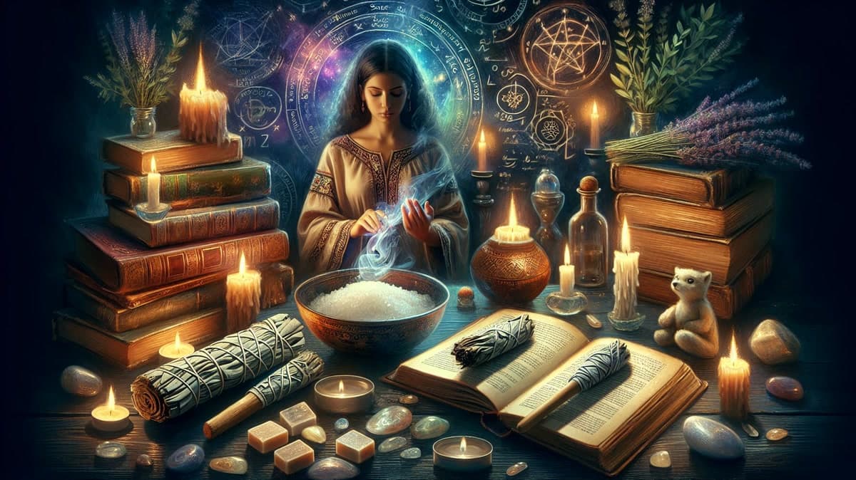 Una mujer ante una mesa con libros antiguos, sal y velas, con el humo subiéndole entre las manos