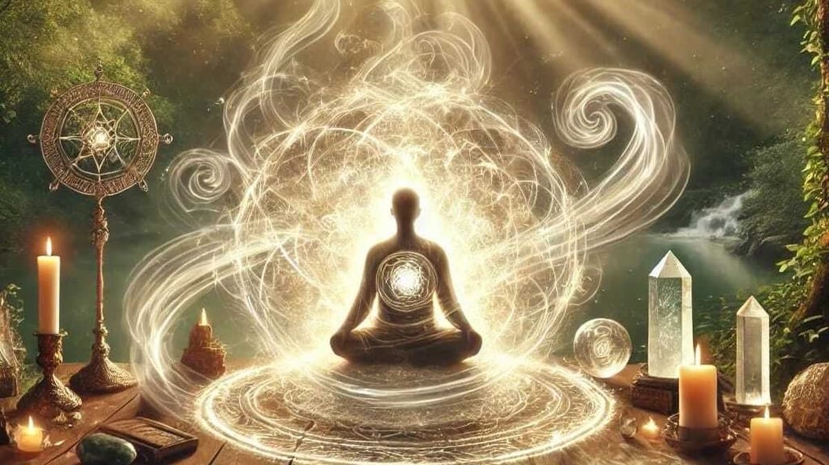 Una figura en meditación rodeada de hilos de luz que giran y se sueltan, entre velas y cuarzos