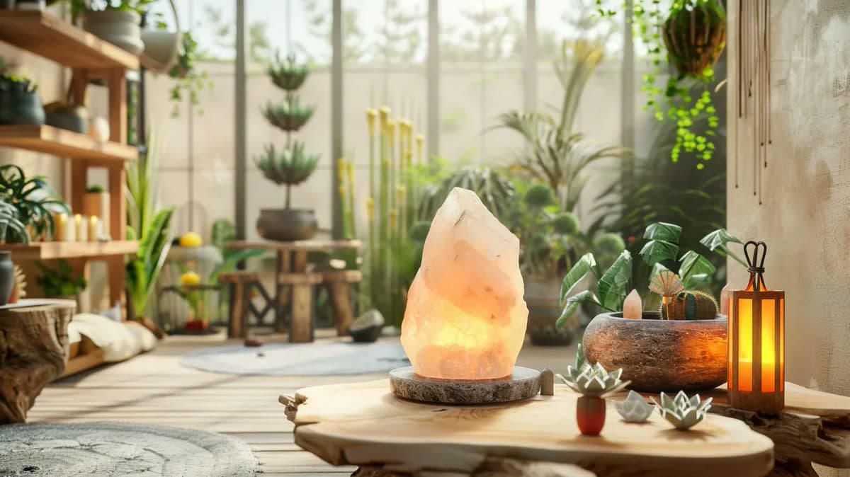 Un rincón de la casa en calma: un cuarzo encendido sobre una rodaja de madera, un farol y plantas al fondo