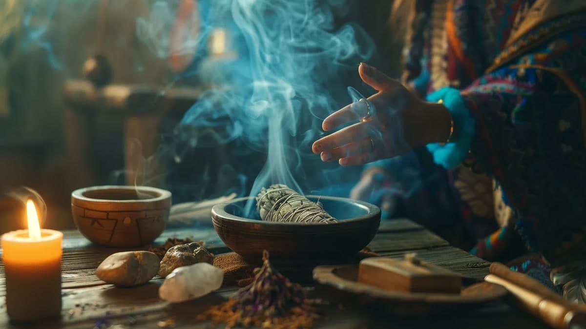 Unas manos abiertas sobre un cuenco de salvia humeando, junto a una vela y piedras sobre una mesa de madera